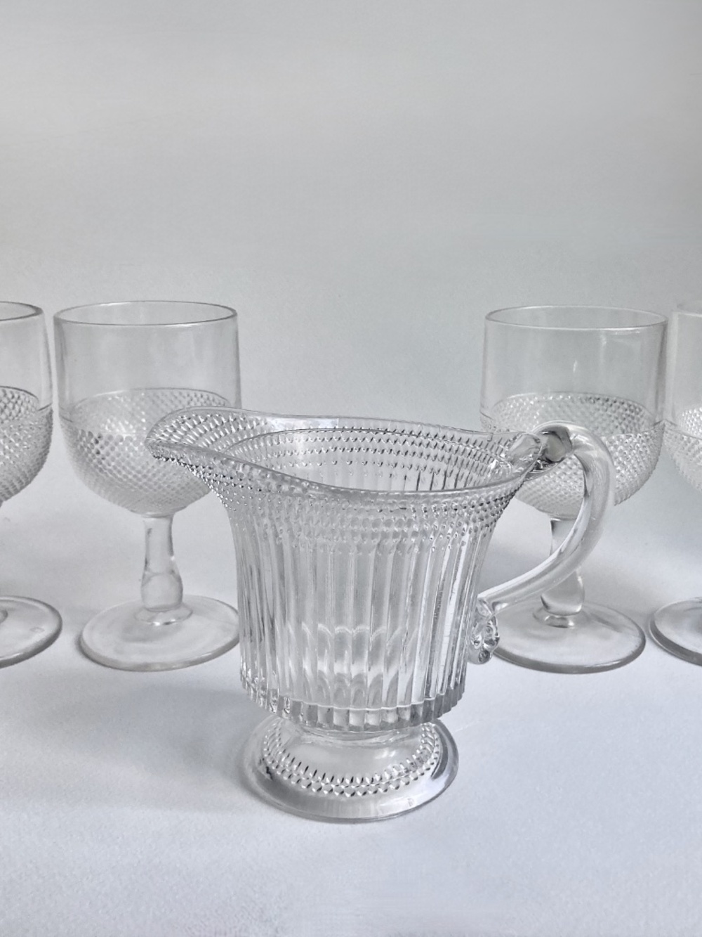 Circa 1900 EAPG 4 Stemmed Glasses + Pitcher,